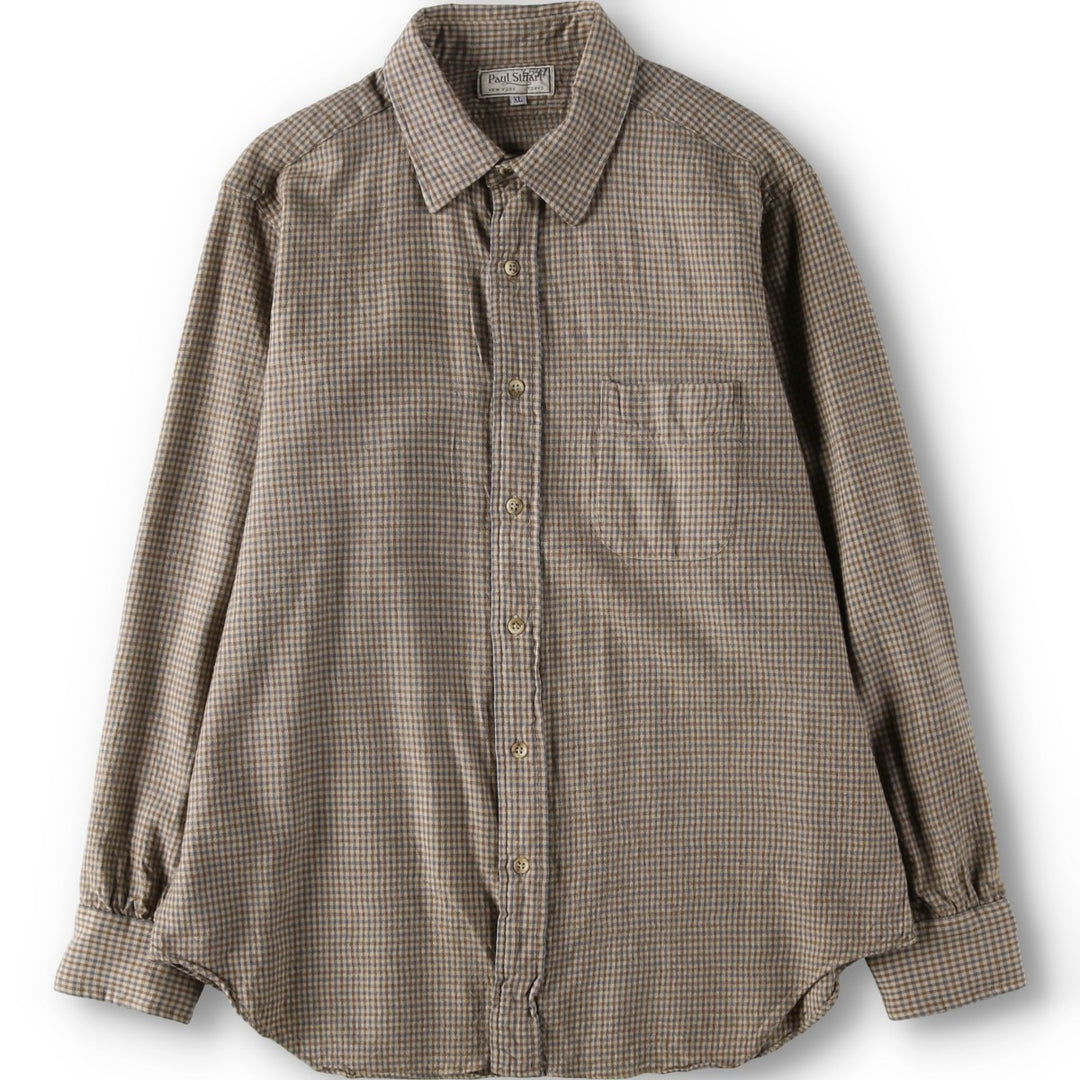 Paul Stuart Check Pattern Cotton x Wool Shirt, Men's Size XL (approx.) wool Beige type Vintage Second Hand