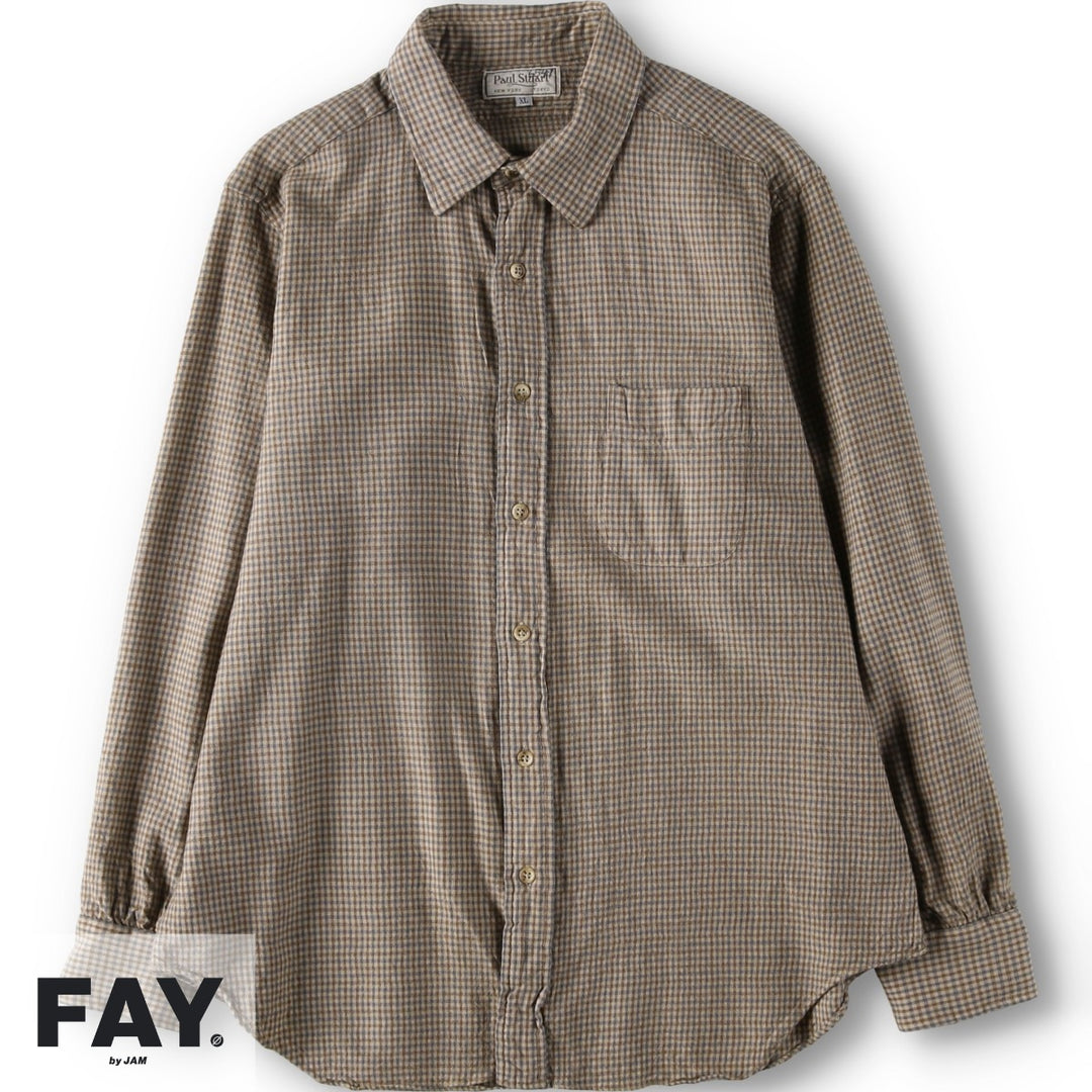 Paul Stuart Check Pattern Cotton x Wool Shirt, Men's Size XL (approx.) wool Beige type Vintage Second Hand