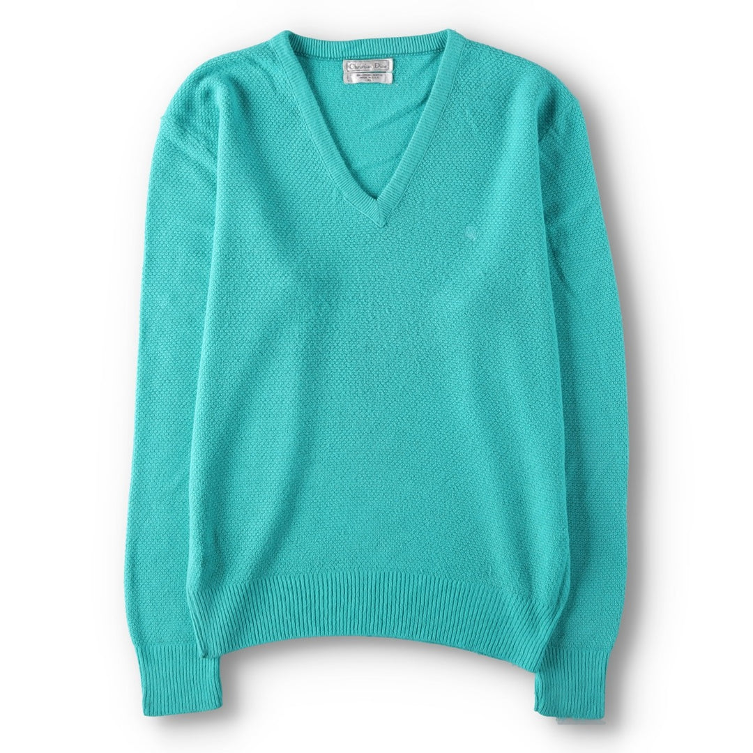 Christian Dior V-neck acrylic knit sweater, made in the USA, men's size XL. Oron Acrylic turquoise blue Vintage Second Hand