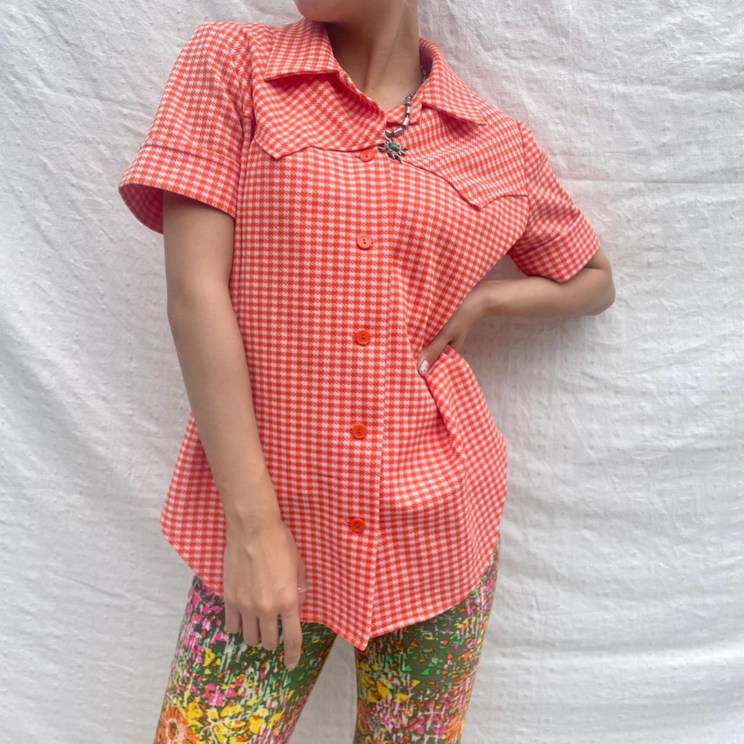 70'S UNKNOWN Check Pattern Short Sleeve Open Collar Shirt Women's M Vintage /eaa246065