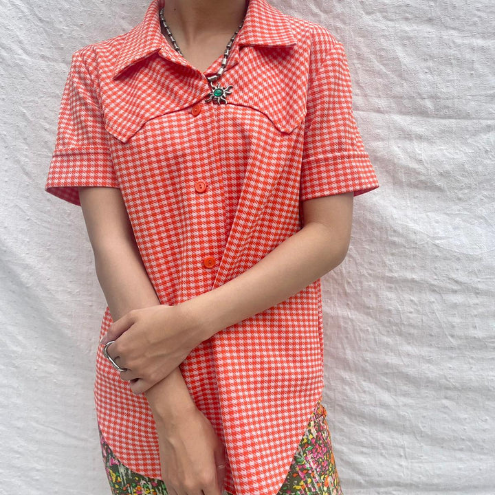 70'S UNKNOWN Check Pattern Short Sleeve Open Collar Shirt Women's M Vintage /eaa246065