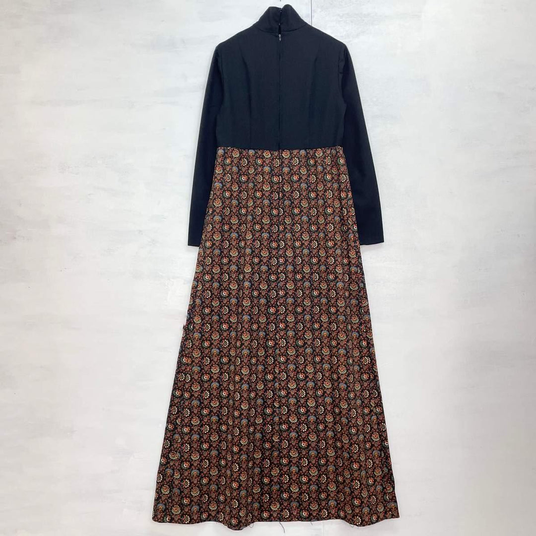 70'S UNKNOWN all-over print maxi length long sleeve dress women's M vintage /eaa246100