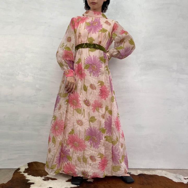 ~70'S UNKNOWN Floral Print See-through Sleeves Long Sleeve Maxi Length Flare Dress Women's M Vintage /eaa246174