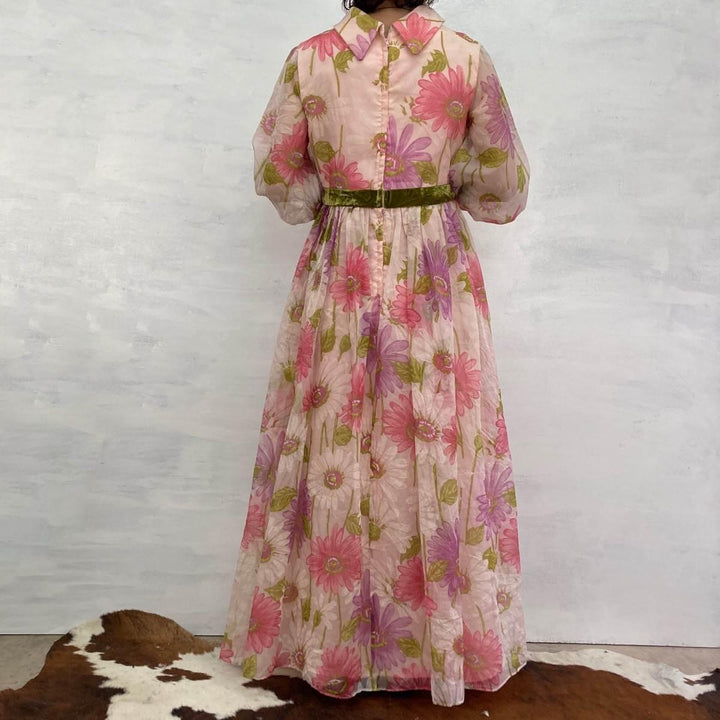 ~70'S UNKNOWN Floral Print See-through Sleeves Long Sleeve Maxi Length Flare Dress Women's M Vintage /eaa246174