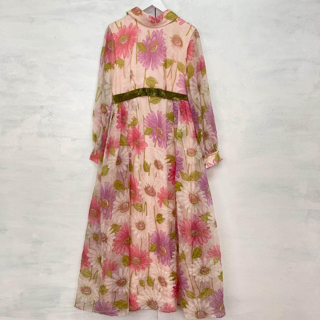 ~70'S UNKNOWN Floral Print See-through Sleeves Long Sleeve Maxi Length Flare Dress Women's M Vintage /eaa246174