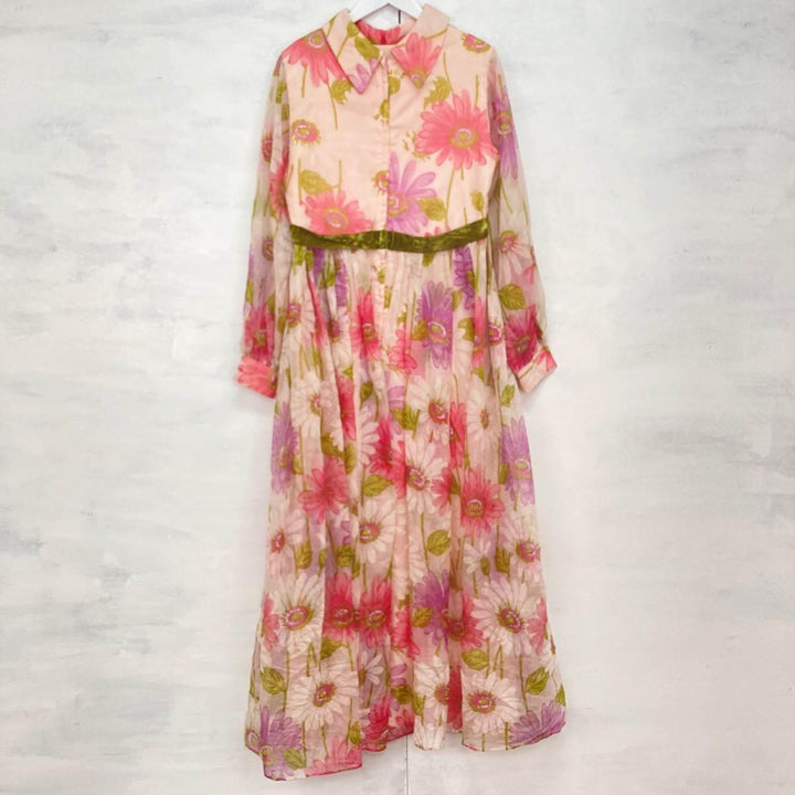 ~70'S UNKNOWN Floral Print See-through Sleeves Long Sleeve Maxi Length Flare Dress Women's M Vintage /eaa246174