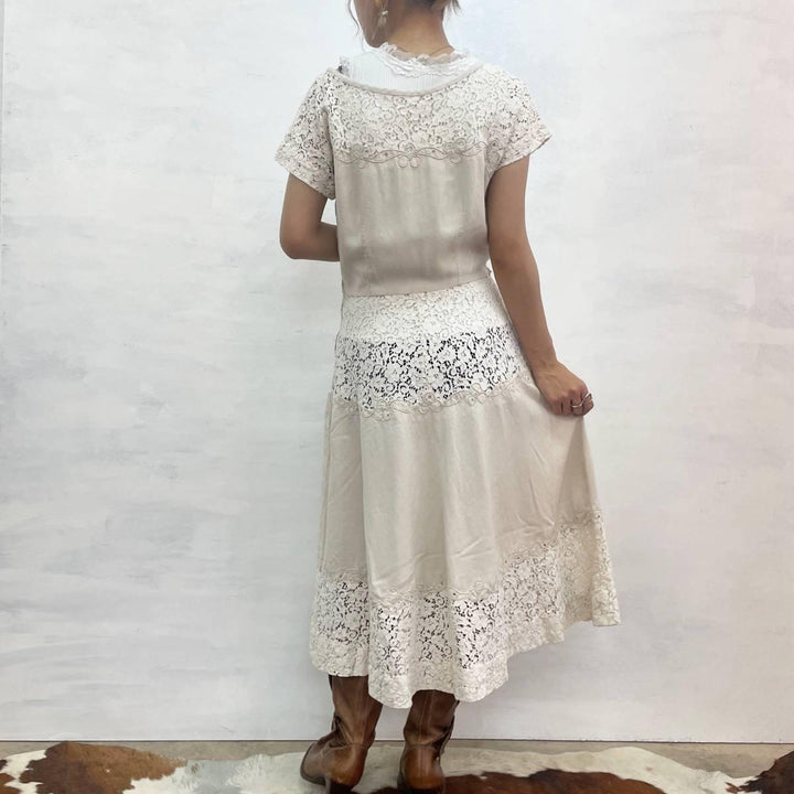 60'S UNKNOWN lace-trimmed short-sleeved flared dress, women's, M, vintage /eaa246431