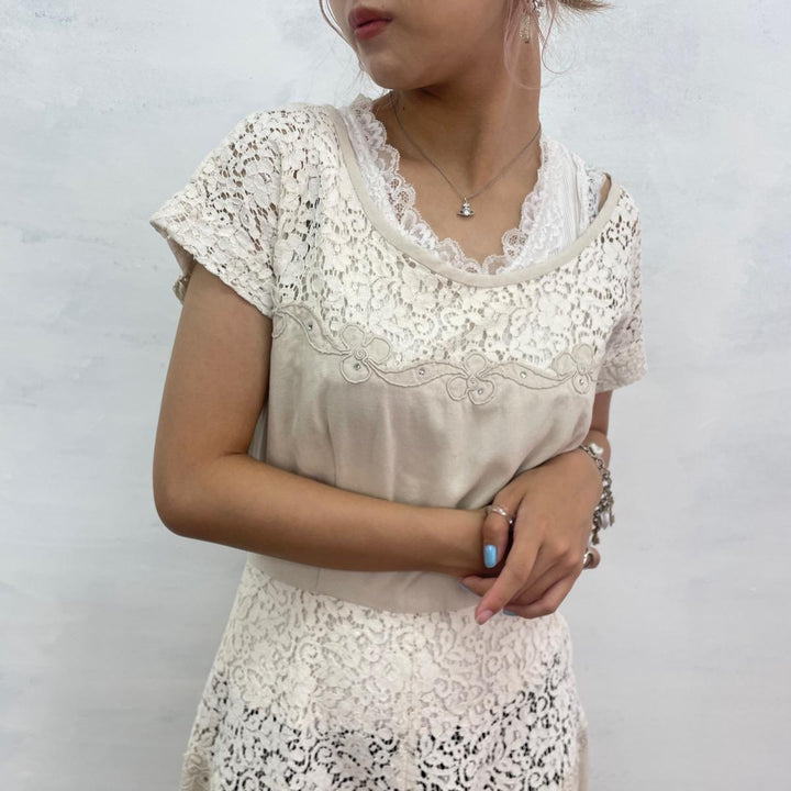 60'S UNKNOWN lace-trimmed short-sleeved flared dress, women's, M, vintage /eaa246431