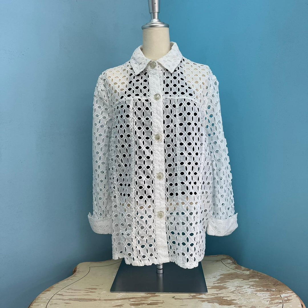 All-over pattern cutwork embroidery 3/4 sleeve blouse for women L /eaa246565