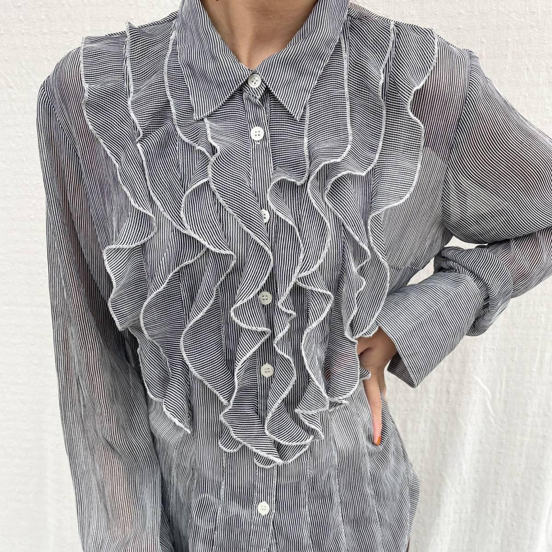 CITY Stripe Pattern Ruffle Long Sleeve Blouse Women's M /eaa246713