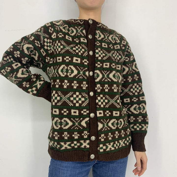 All-over print Nordic wool knit cardigan for women, size M [Eluru] /eaa297002