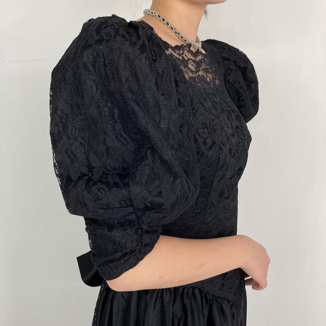 80'S lace-switched puff-sleeved short-sleeved flared dress, women's M, vintage /eaa297979