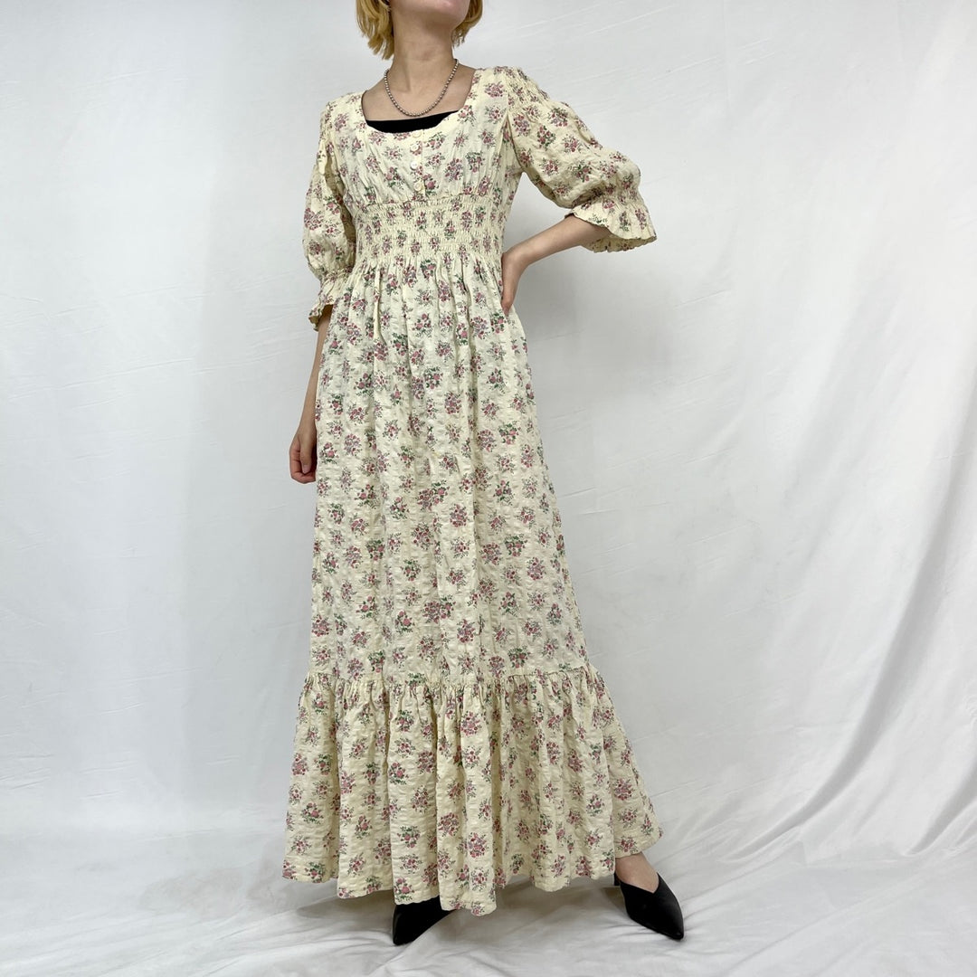 All-over floral print maxi length 3/4 sleeve flared dress for women L /eaa310995