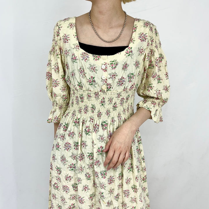 All-over floral print maxi length 3/4 sleeve flared dress for women L /eaa310995