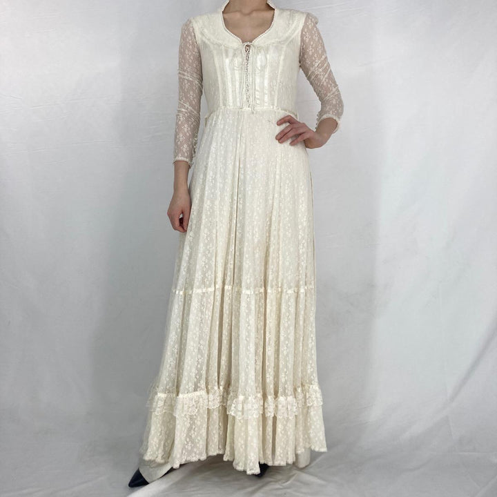 70'S GUNNE SAX Jessica all-lace maxi-length long-sleeve flare one-piece wedding dress for women, M /eaa324196