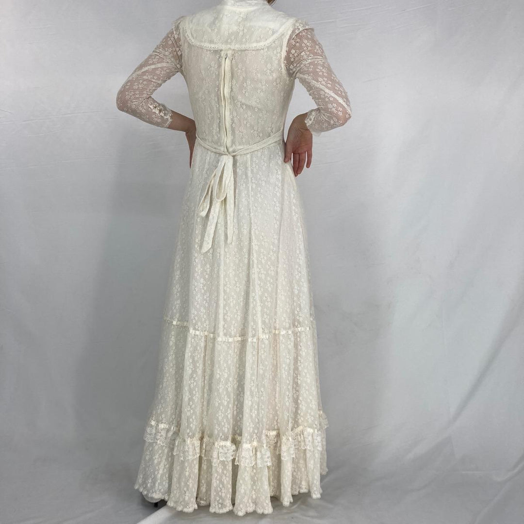 70'S GUNNE SAX Jessica all-lace maxi-length long-sleeve flare one-piece wedding dress for women, M /eaa324196