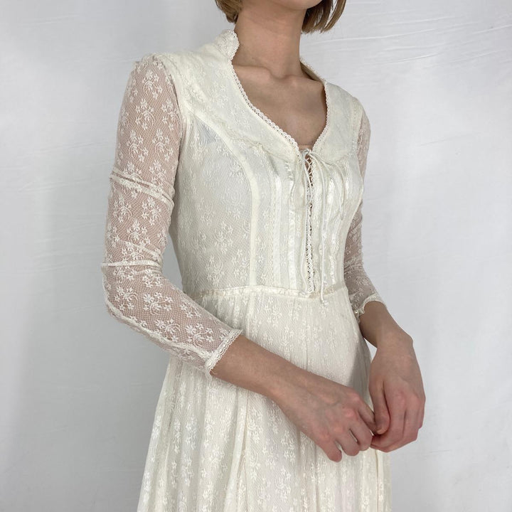 70'S GUNNE SAX Jessica all-lace maxi-length long-sleeve flare one-piece wedding dress for women, M /eaa324196