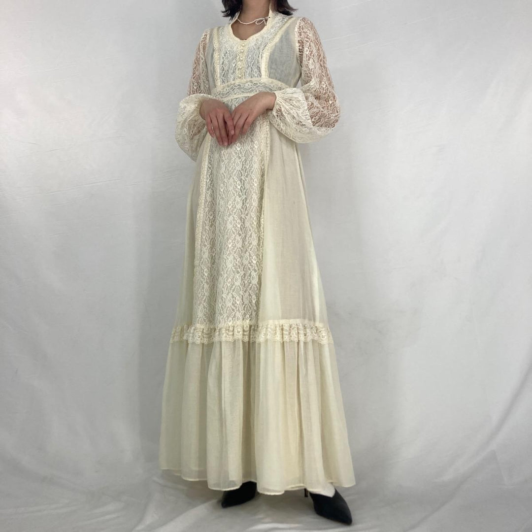 70'S UNKNOWN lace sleeve maxi length long sleeve dress women's L vintage /eaa328591