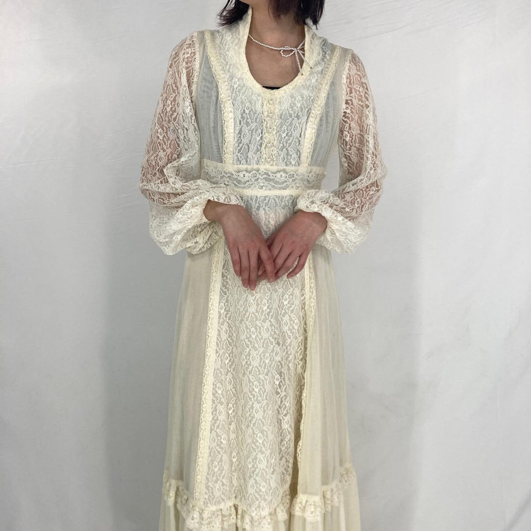 70'S UNKNOWN lace sleeve maxi length long sleeve dress women's L vintage /eaa328591