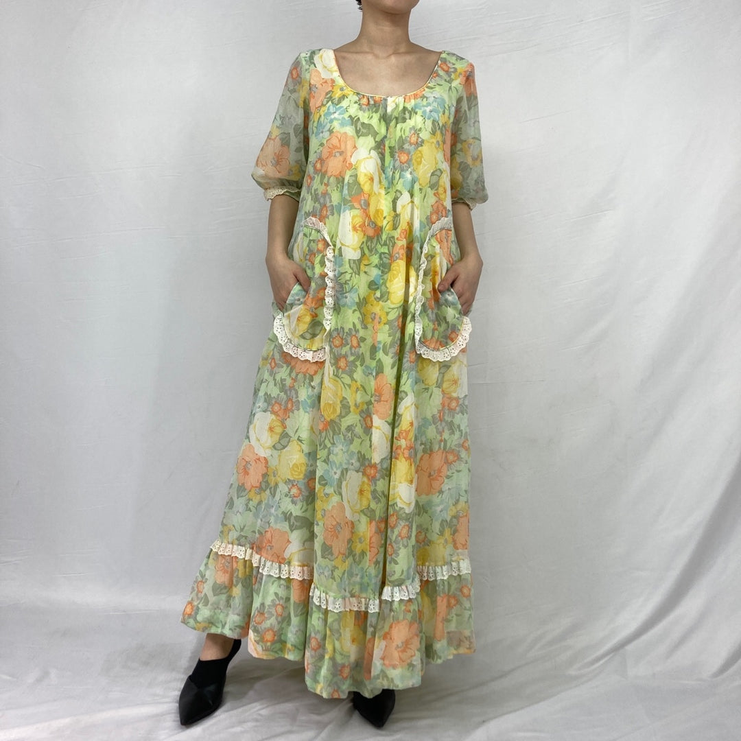 Floral print maxi length short sleeve long dress Hawaiian dress women's L vintage /eaa332084