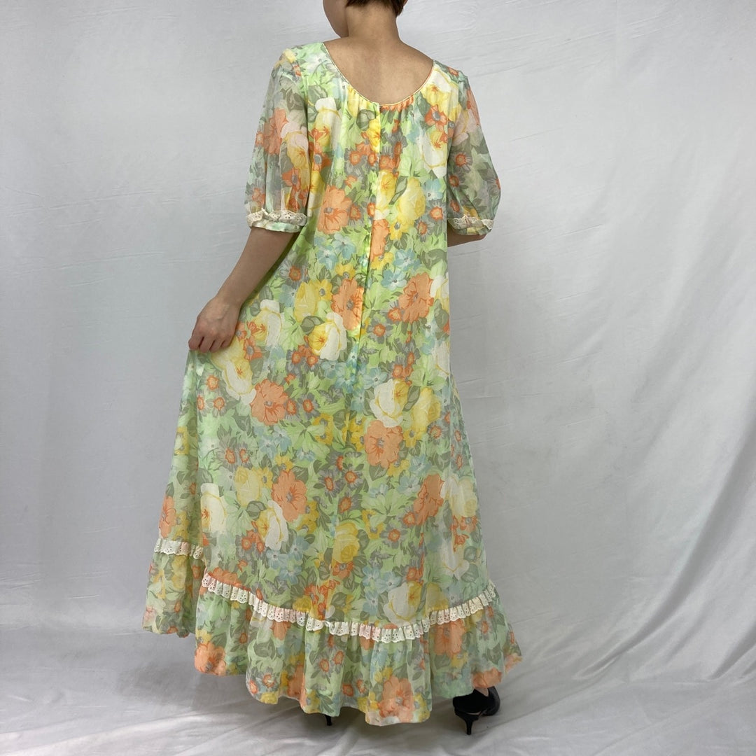 Floral print maxi length short sleeve long dress Hawaiian dress women's L vintage /eaa332084