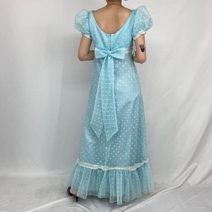 Vintage 70'S Polka Dot Pattern Maxi Puff Sleeve Short Sleeve A-line Dress Women's S / eaa332085