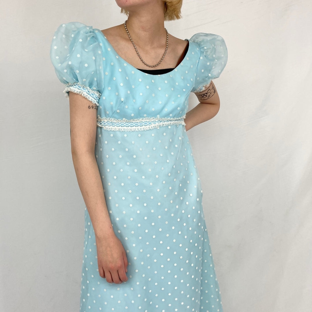 Vintage 70'S Polka Dot Pattern Maxi Puff Sleeve Short Sleeve A-line Dress Women's S / eaa332085