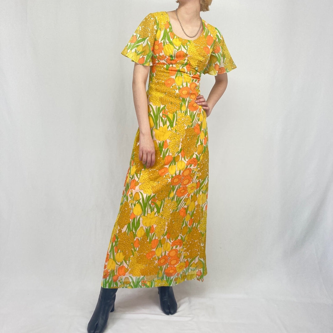 70'S Hawaii Nei floral print maxi length short sleeve tight dress women's XS vintage /eaa335143