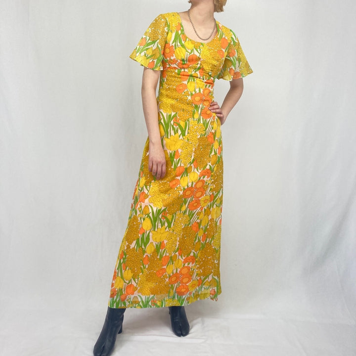 70'S Hawaii Nei floral print maxi length short sleeve tight dress women's XS vintage /eaa335143
