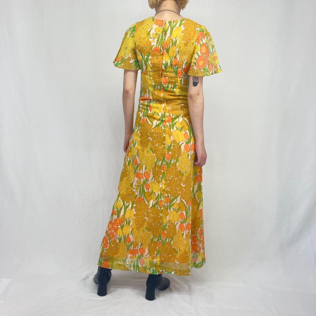 70'S Hawaii Nei floral print maxi length short sleeve tight dress women's XS vintage /eaa335143