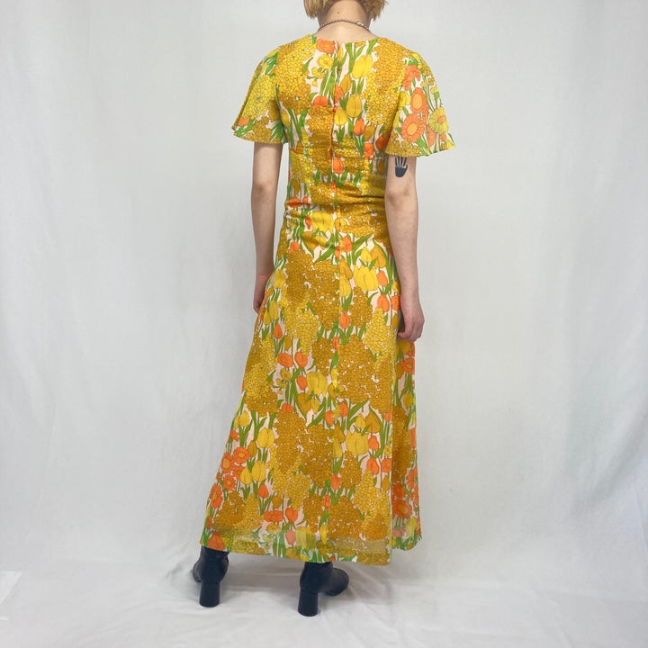 70'S Hawaii Nei floral print maxi length short sleeve tight dress women's XS vintage /eaa335143