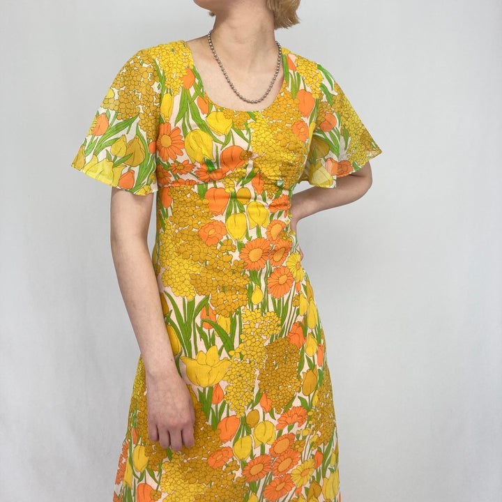 70'S Hawaii Nei floral print maxi length short sleeve tight dress women's XS vintage /eaa335143