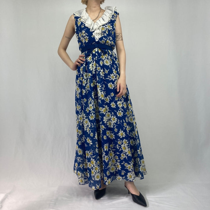 ~70'S Miss Elliette Maxi Length Floral Sleeveless Flare Dress Women's S Vintage /eaa335150