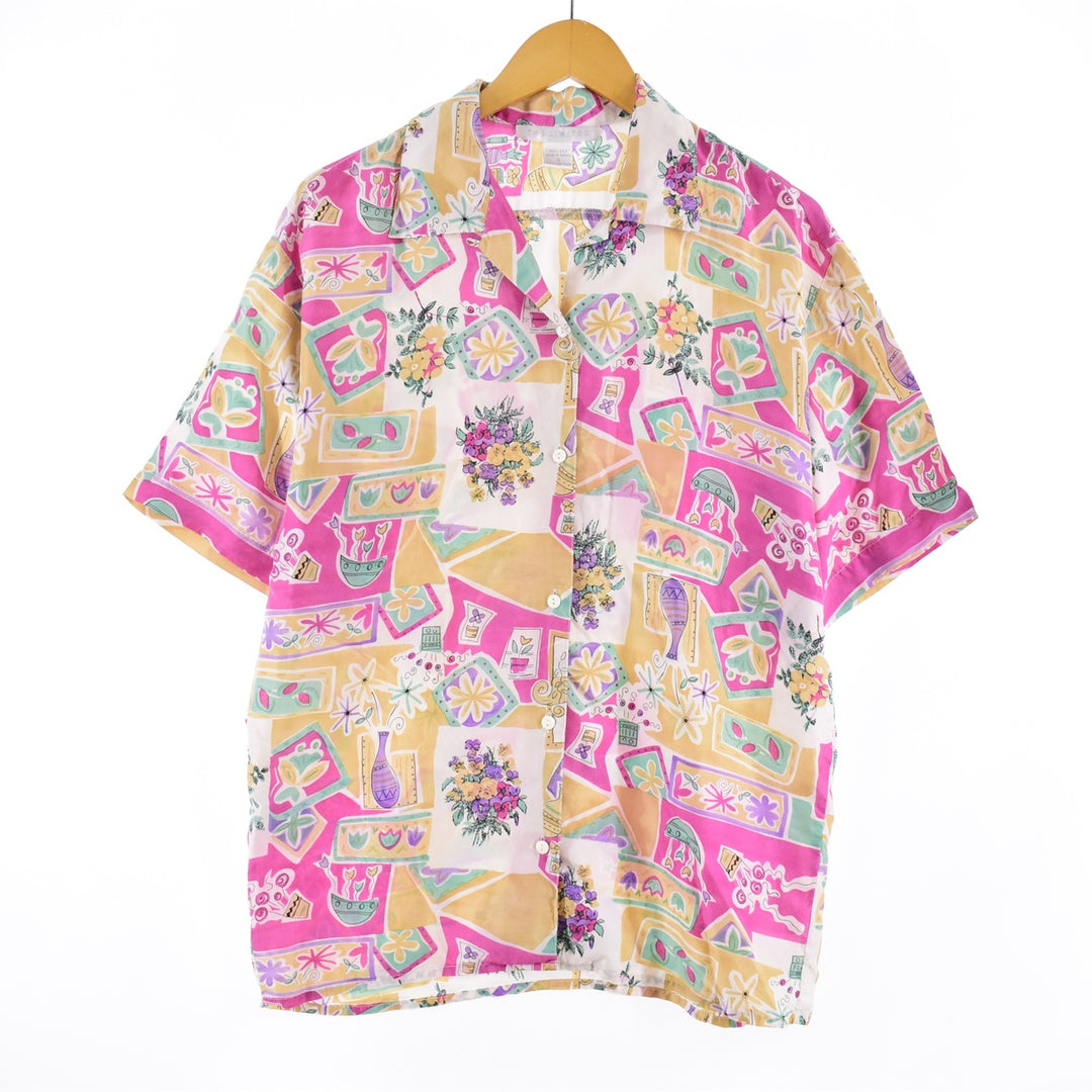 THE LIMITED All-over print short-sleeve open-collar silk shirt, women's size L [Elle] /eaa338335