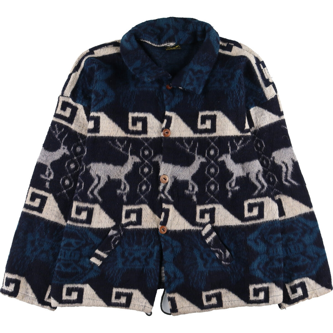 All-over reindeer pattern with collar, Ecuador wool knit cardigan, men's XXL /eaa341698