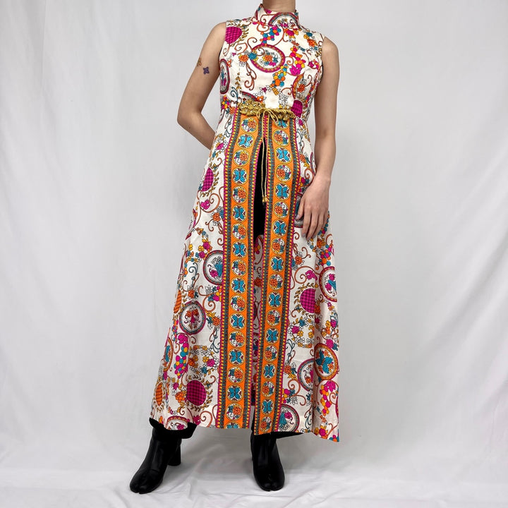 60s-70'S UNKNOWN all-over print high neck sleeveless A-line dress made in USA women's M vintage multicolor Vintage Second Hand