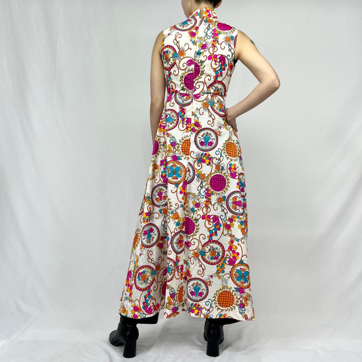 60s-70'S UNKNOWN all-over print high neck sleeveless A-line dress made in USA women's M vintage multicolor Vintage Second Hand