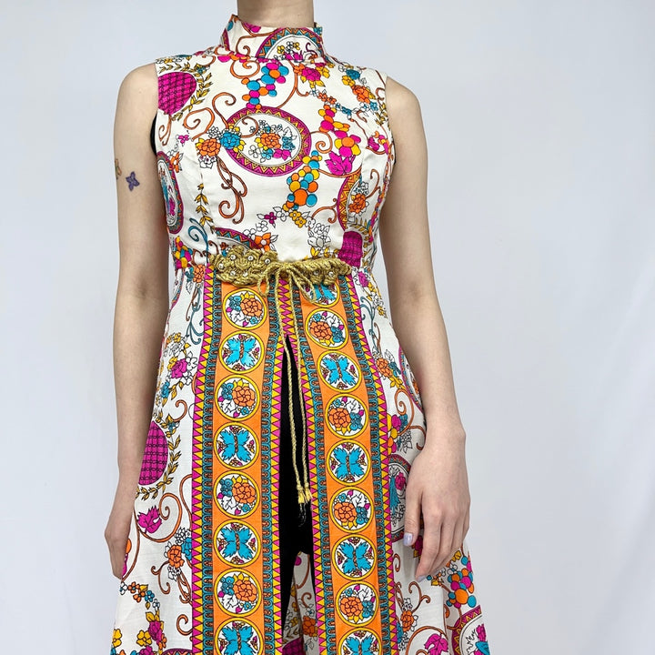 60s-70'S UNKNOWN all-over print high neck sleeveless A-line dress made in USA women's M vintage multicolor Vintage Second Hand