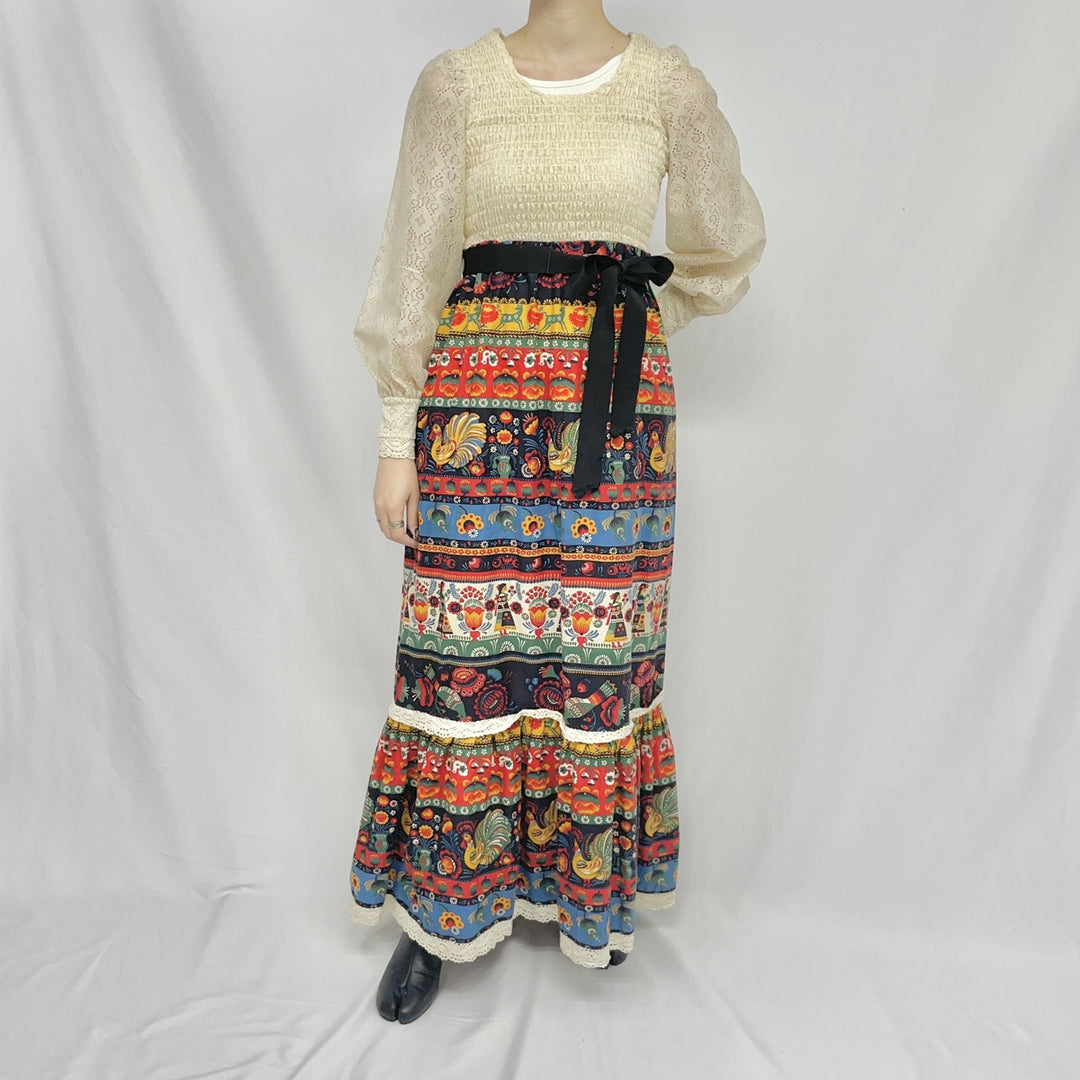 70'S UNKNOWN all-over print maxi length shirred dress women's S vintage /eaa346357