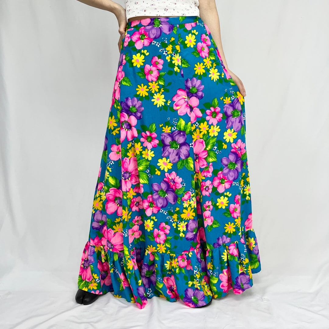 60s~70'S UNKNOWN Floral Print Maxi Length Flare Skirt Women's L Vintage /eaa351202