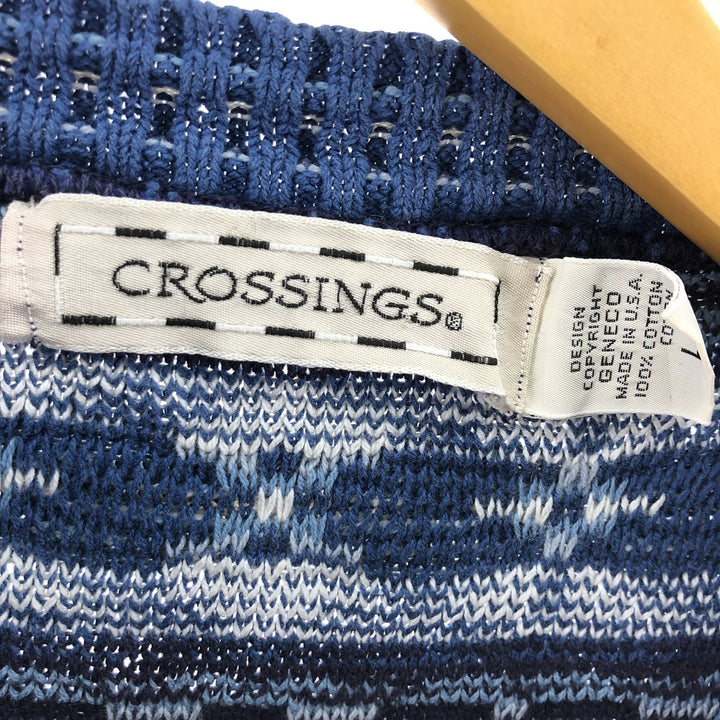 CROSSINGS All-over Print Cotton Knit Sweater Made in USA Men's L cotton blue type Vintage Second Hand