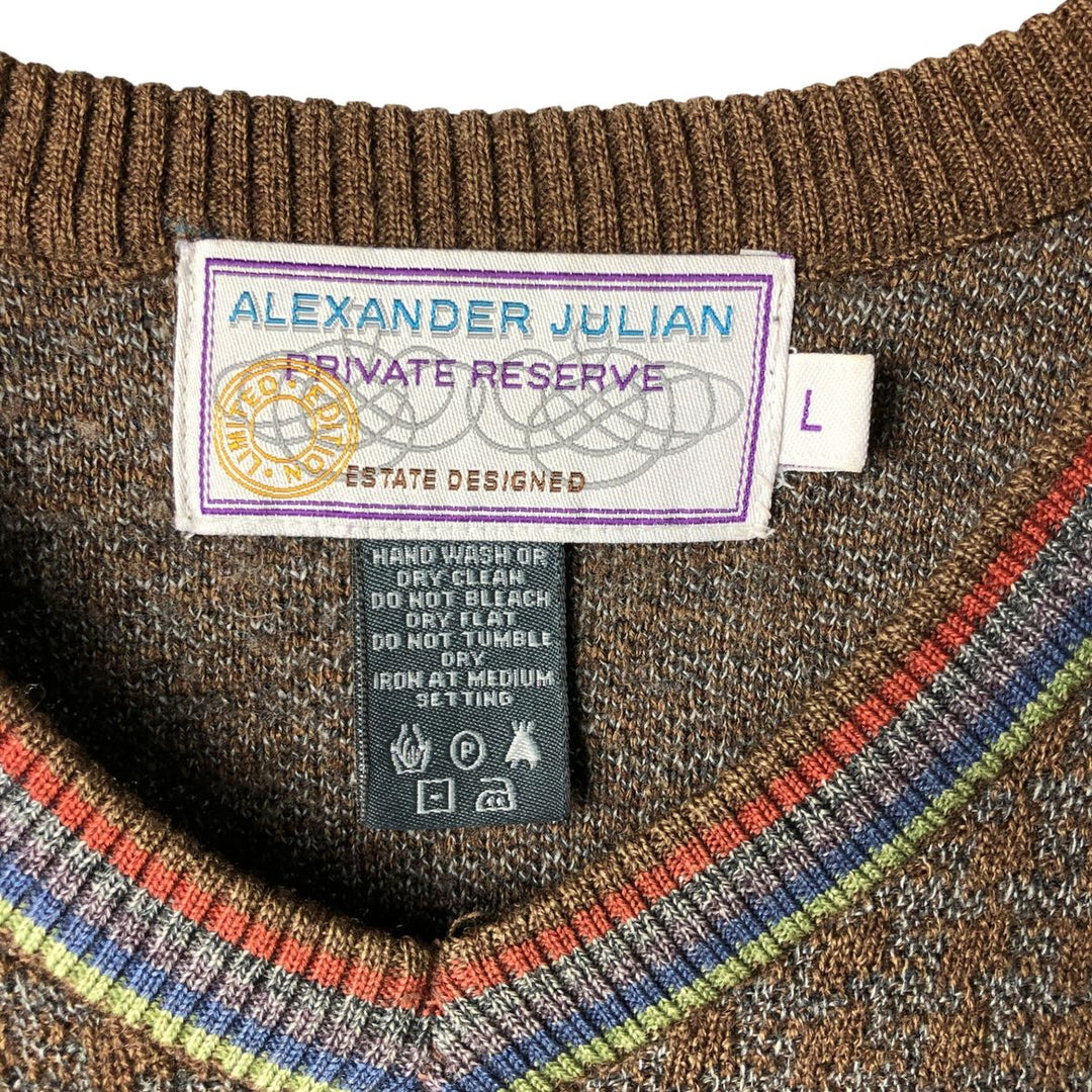 ALEXANDER JULIAN All-Over Print V-Neck Knit Vest, Men's Size L unclear brown type Vintage Second Hand