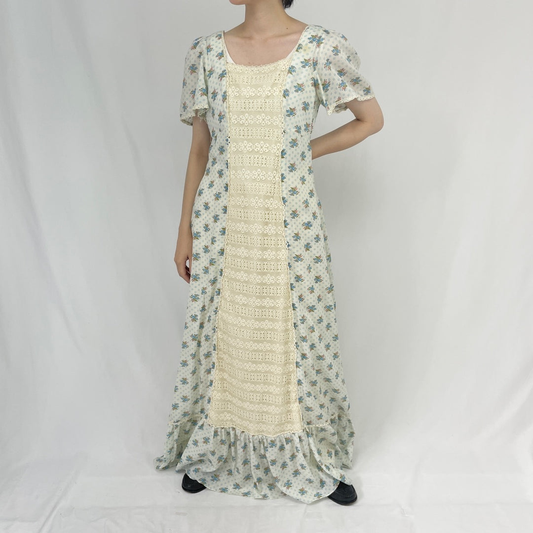 70'S Candi Jones floral print maxi length short sleeve flared dress women's M vintage /eaa354163