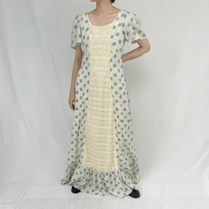 70'S Candi Jones floral print maxi length short sleeve flared dress women's M vintage /eaa354163