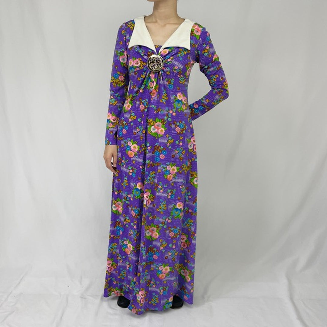 70'S Algo floral print maxi length long sleeve flared dress women's M vintage /eaa354164