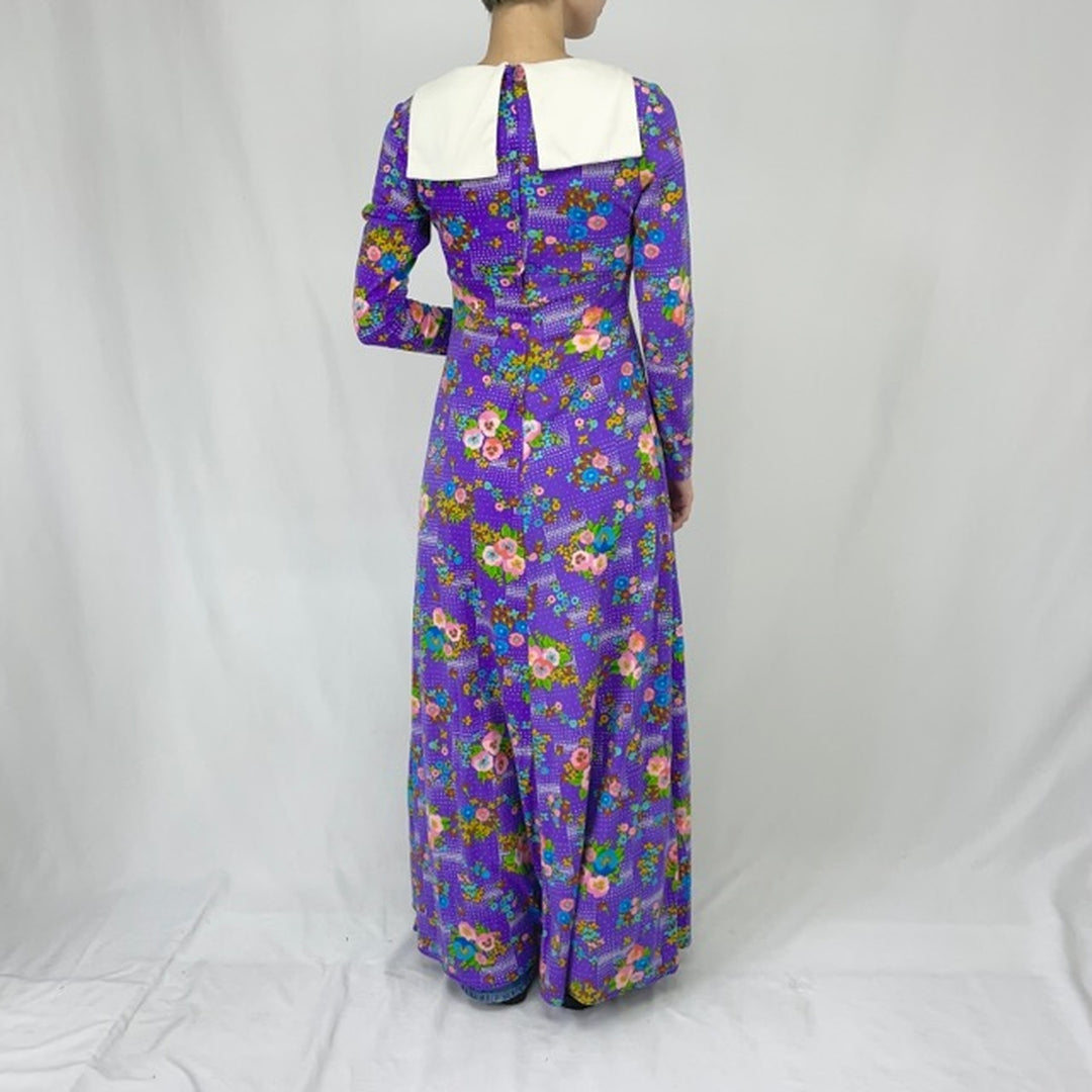 70'S Algo floral print maxi length long sleeve flared dress women's M vintage /eaa354164