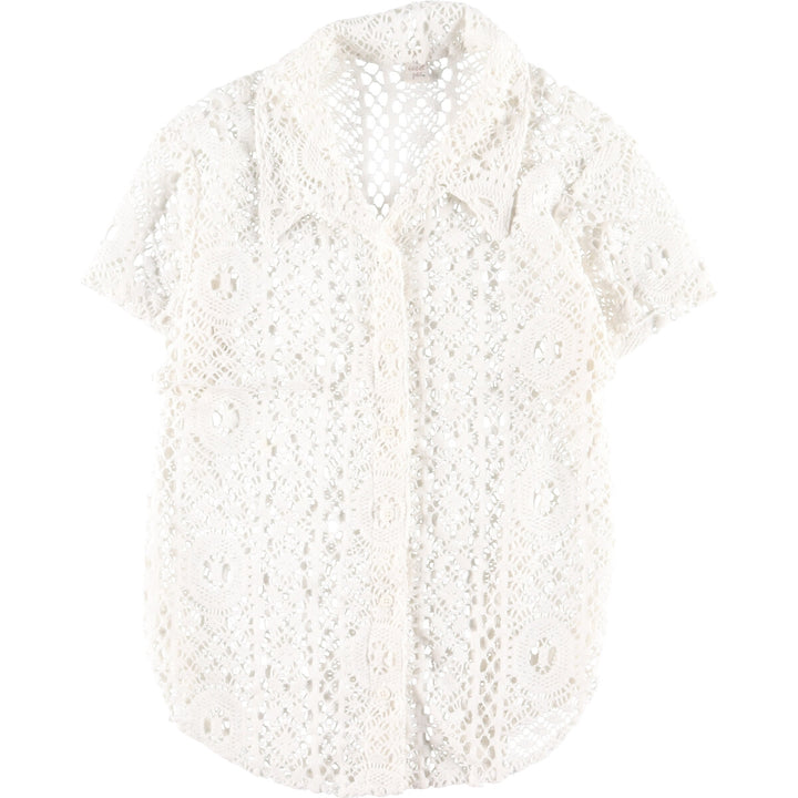 sweet pea crochet knit short sleeve open collar shirt ladies L /eaa355806