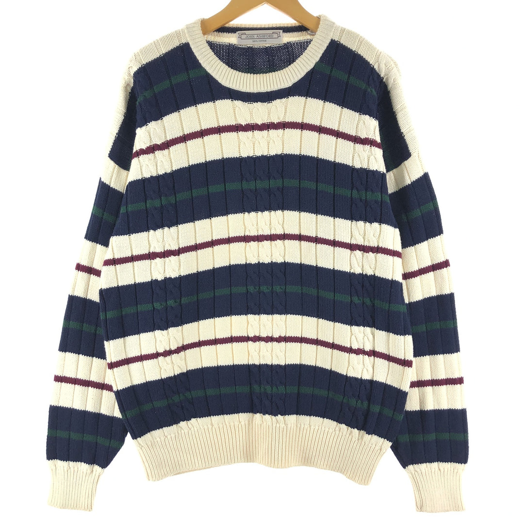 JOHN ASHFORD Striped Pattern Cable Knit Cotton Knit Sweater Men's XL cotton pale white type Vintage Second Hand