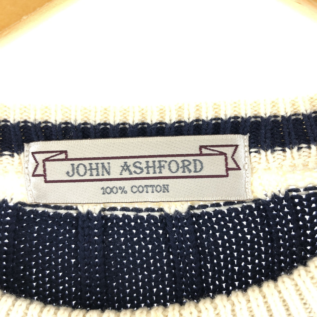 JOHN ASHFORD Striped Pattern Cable Knit Cotton Knit Sweater Men's XL cotton pale white type Vintage Second Hand