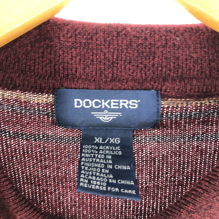 Dockers Border Pattern Collared Half Button Acrylic Knit Sweater Men's L acrylic red type reddish brown Vintage Second Hand